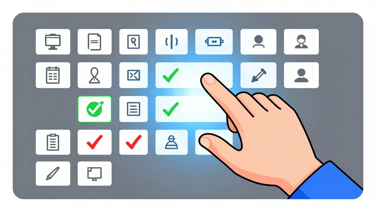 Human hand verifying AI image descriptions on a grid.