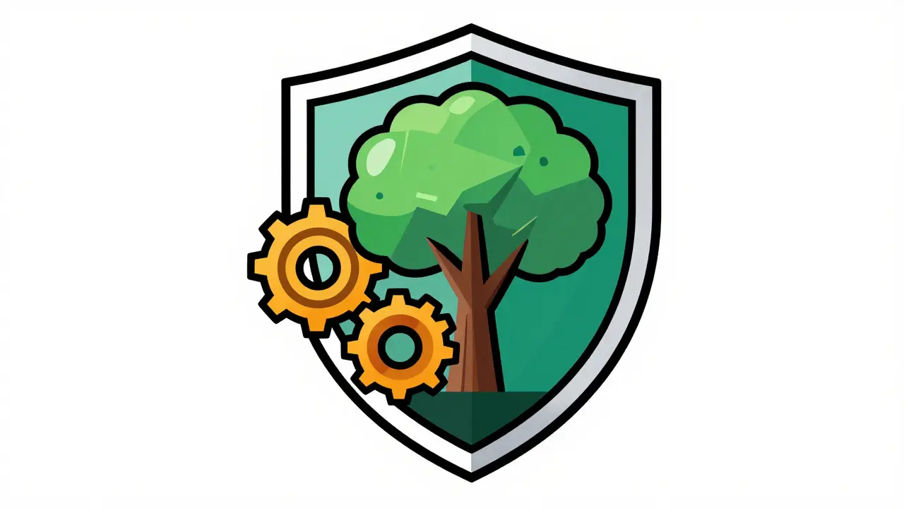 Protective shield of gears guarding a growing digital tree symbolizing viability.