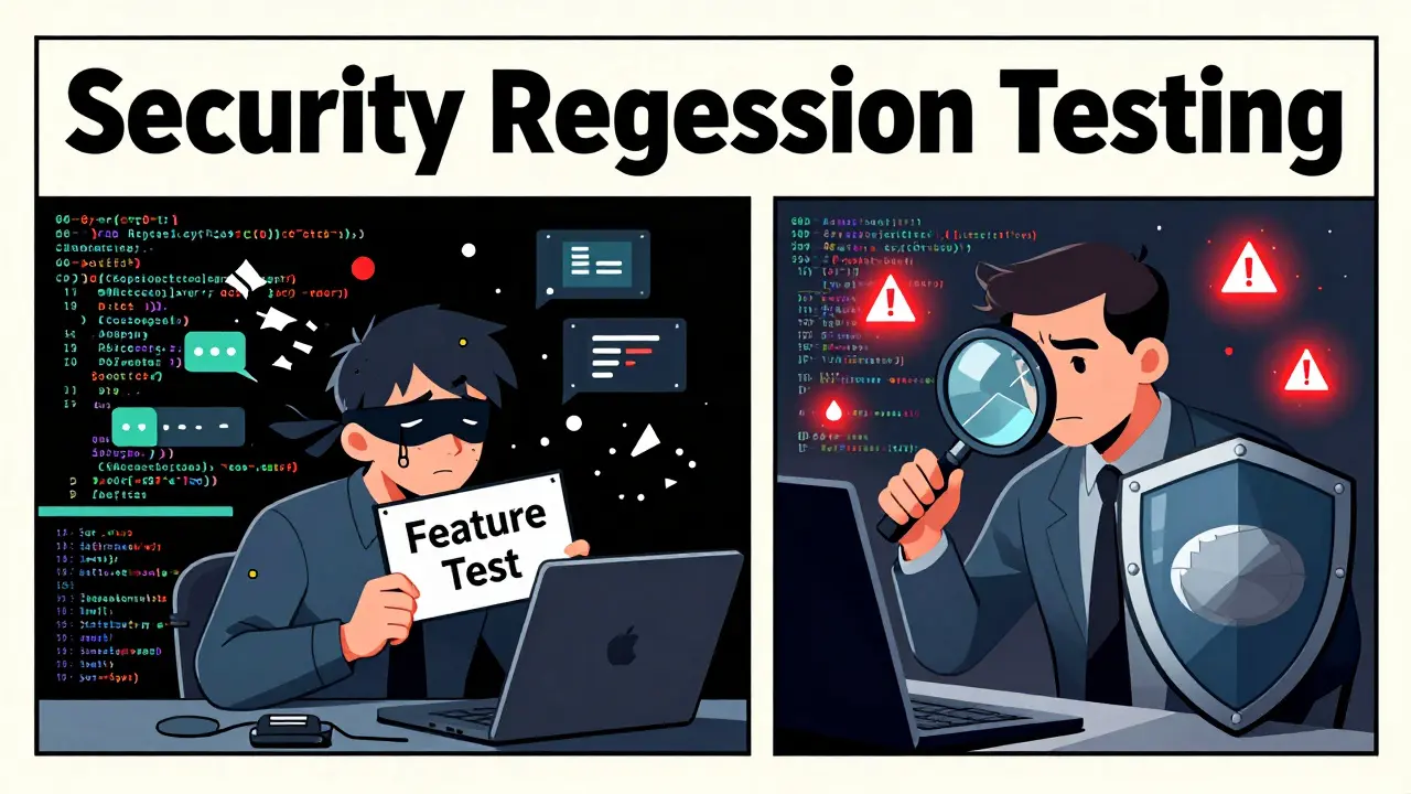 Split illustration: chaotic untested code on one side, a vigilant tester exposing flaws on the other, in bold Polish poster style.