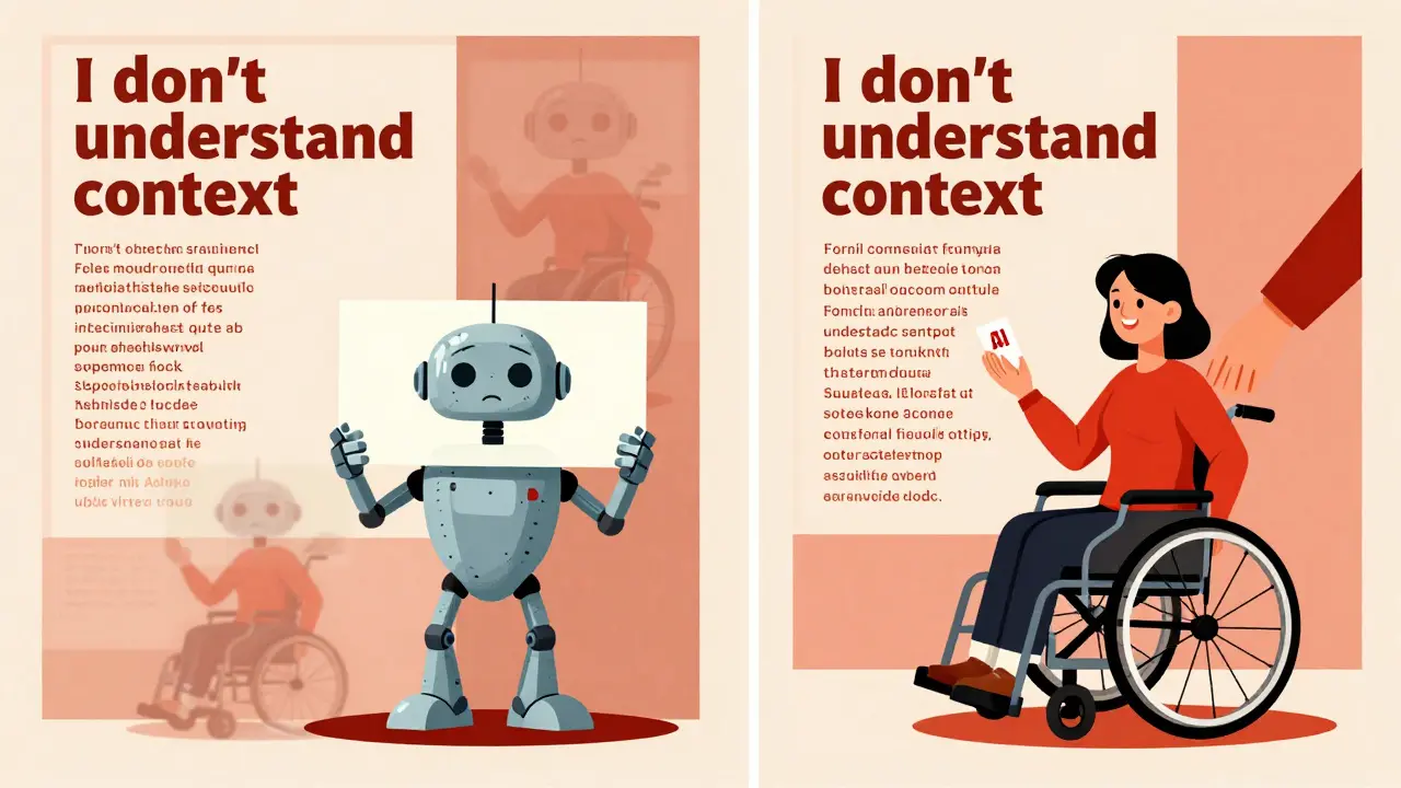 Split scene: chaotic AI output vs. properly structured accessible content with a woman voting using a wheelchair.