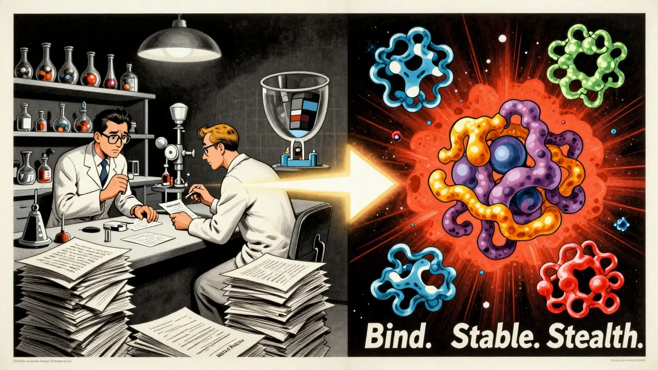 Split scene contrasting chaotic old-school protein research with vibrant, clean AI-designed proteins in bold Polish poster style.