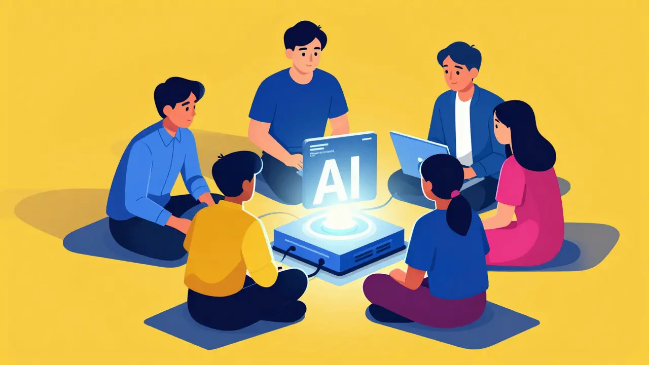 Three figures collaborating around a central AI terminal