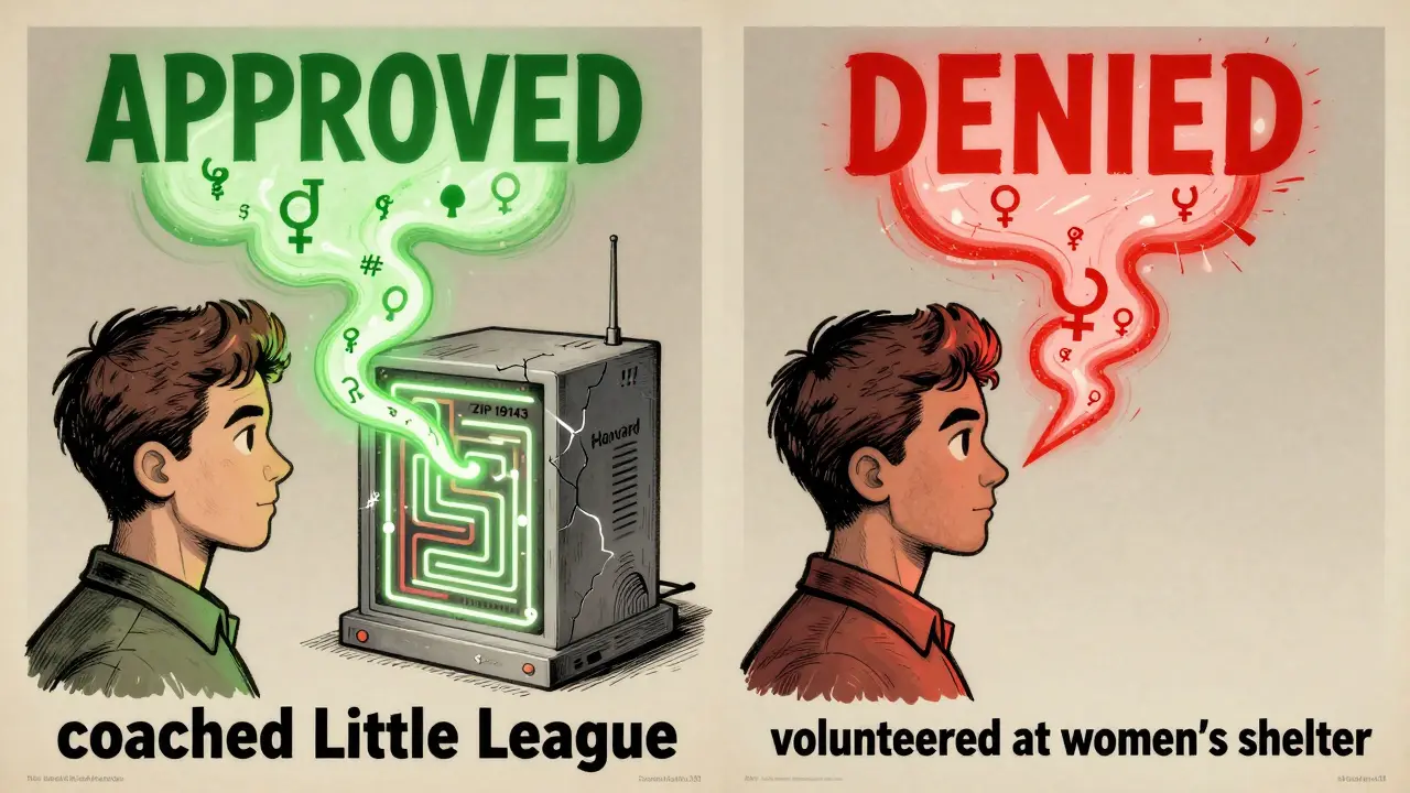 Two identical applicants face different outcomes as hidden gender and race proxies twist through data streams from their applications.