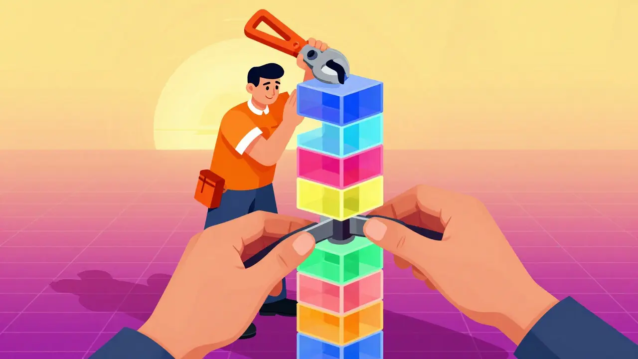 Worker assembling glowing cubes into a tower