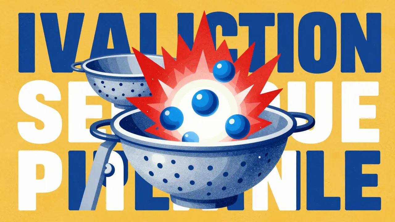 A conceptual filter blocking jagged red shapes and allowing smooth blue spheres to pass through.