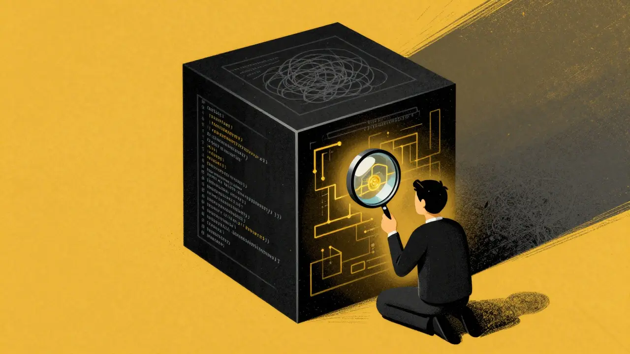 A developer examining a glowing black cube of code with a magnifying glass in a surreal style.