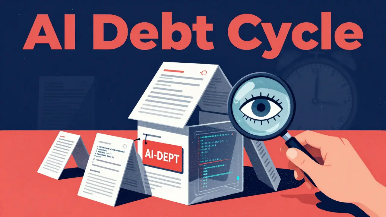 A fragile house of cards made of digital documents with a magnifying glass focusing on a debt tag.