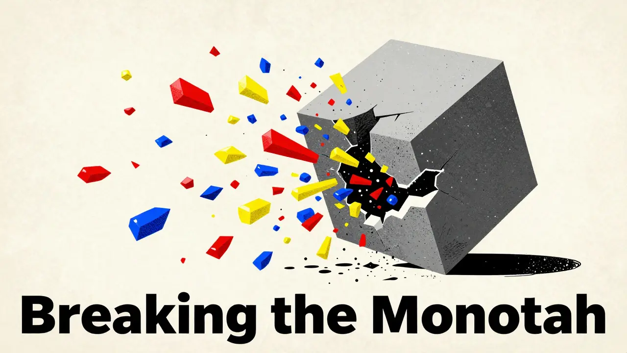 A large grey block shattering into many small, colorful shards on a textured background.