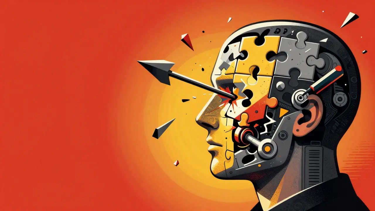 A stylized head with a mechanical puzzle being pierced by a sharp arrow.