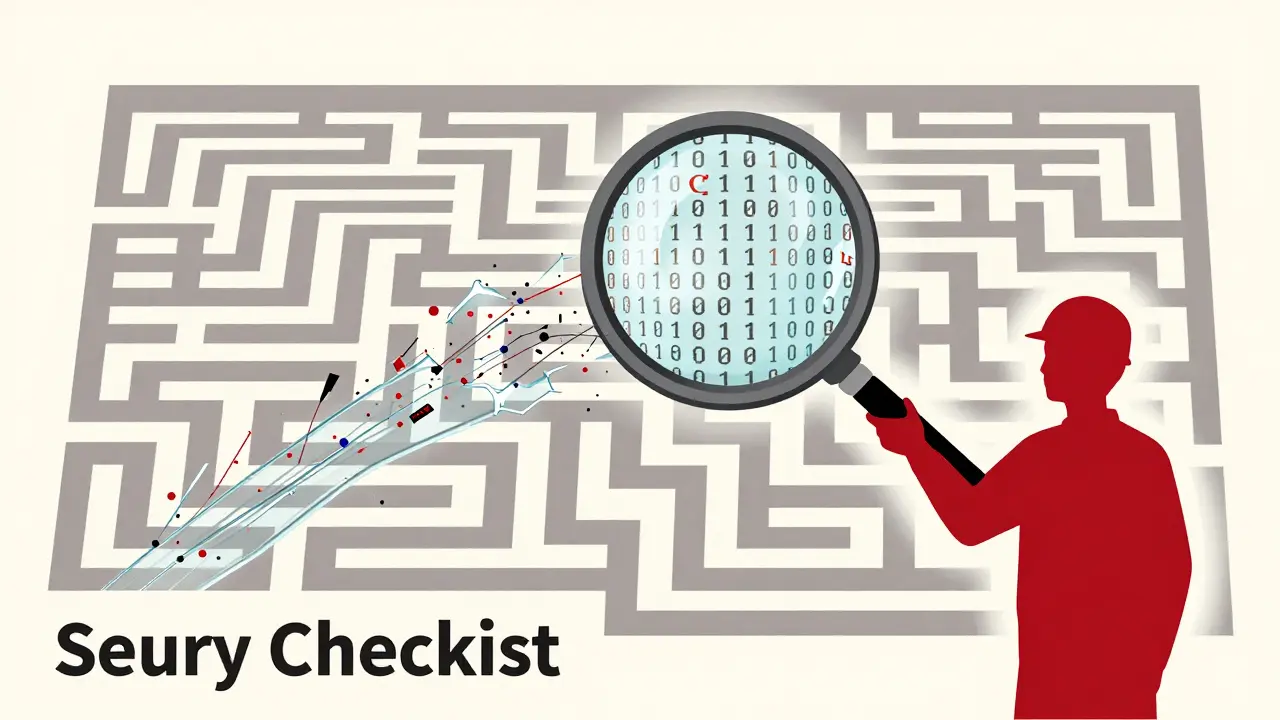 A stylized silhouette using a magnifying glass to inspect fragile digital threads in a labyrinth.