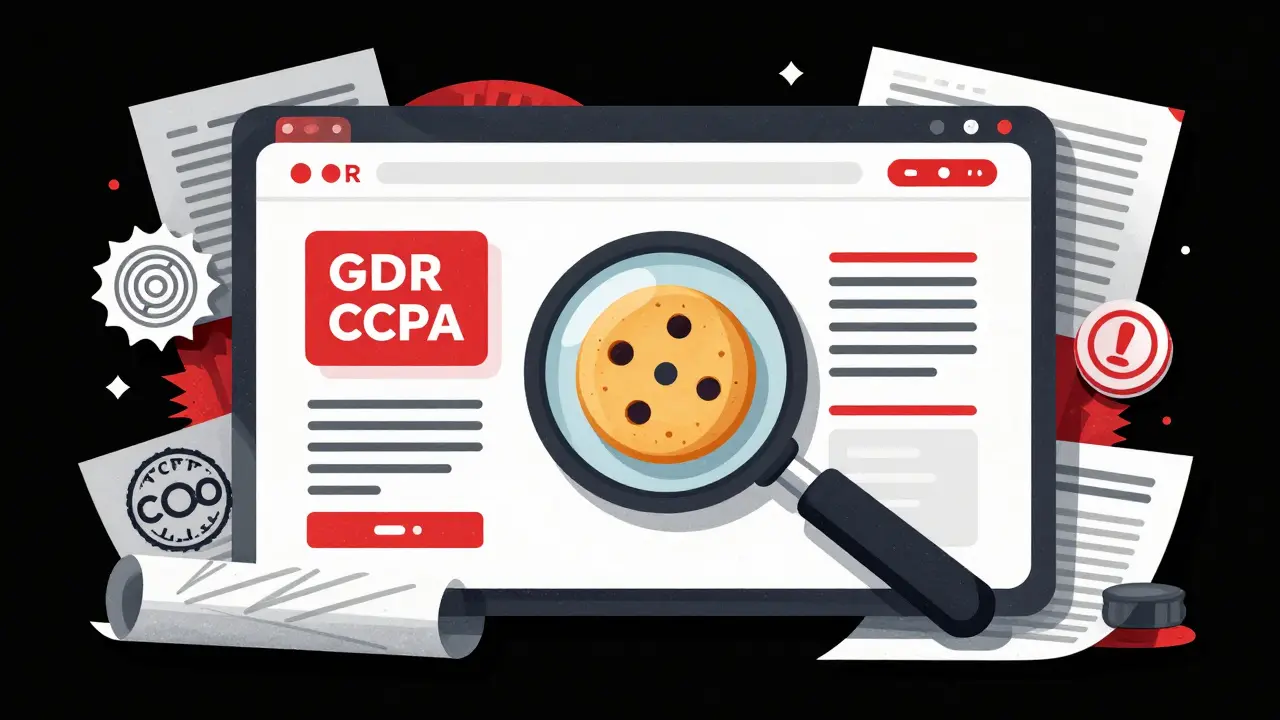 A stylized website being constrained by legal symbols and stamps representing data privacy laws.