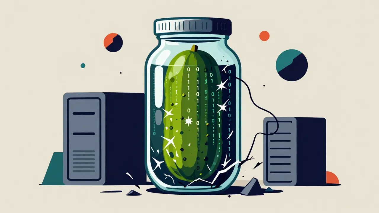 A surreal pickle jar filled with chaotic binary code causing a server to crack and break.