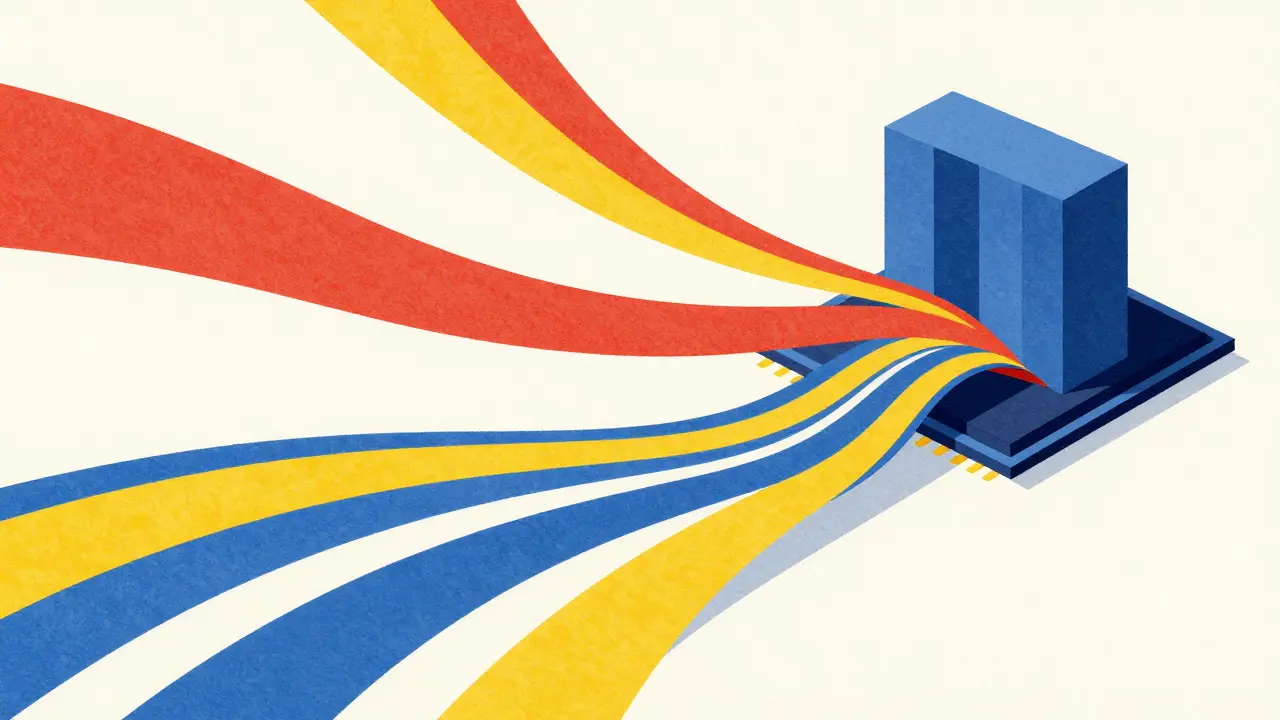 Abstract colorful data ribbons flowing into a monolithic GPU chip in a graphic style.