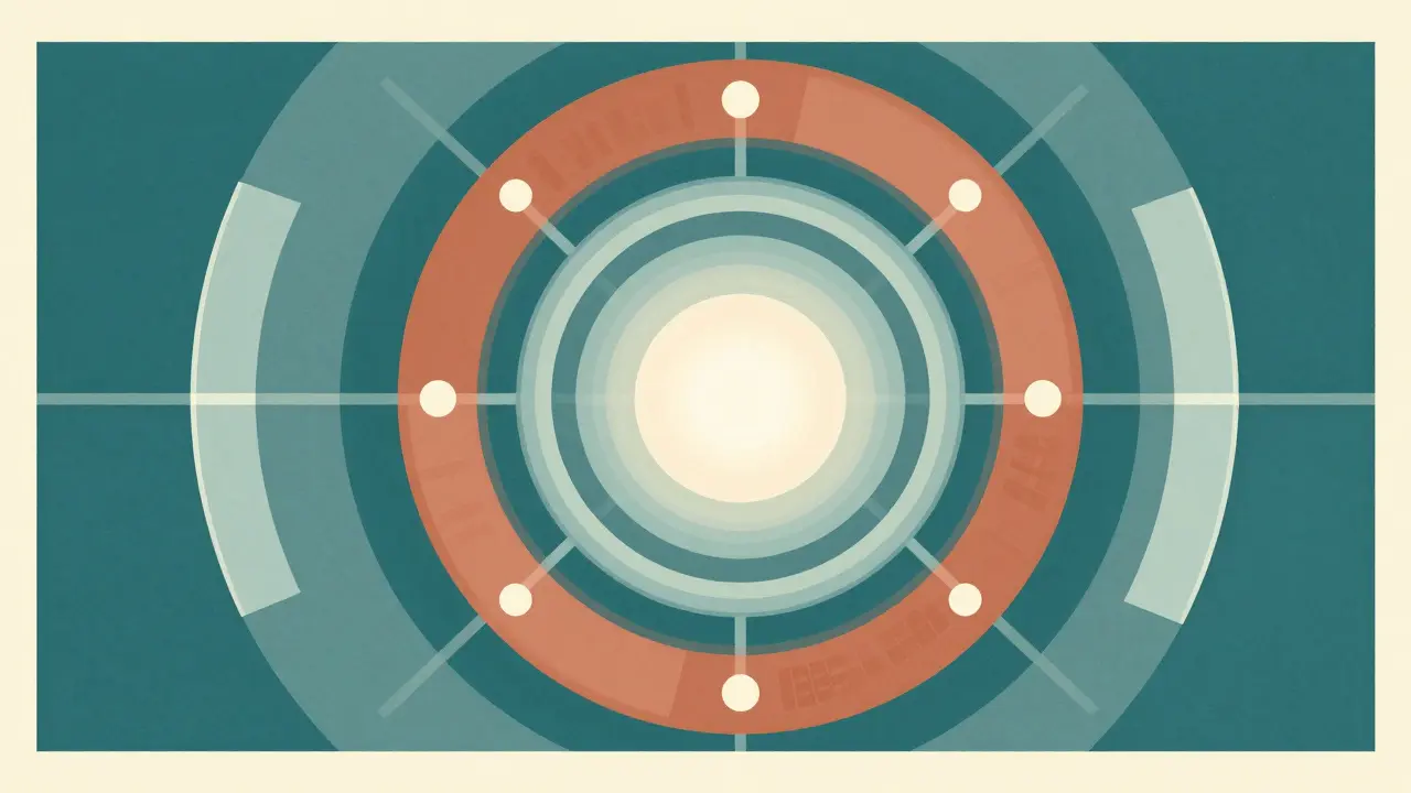 Abstract concentric rings acting as protective shields around a data core.
