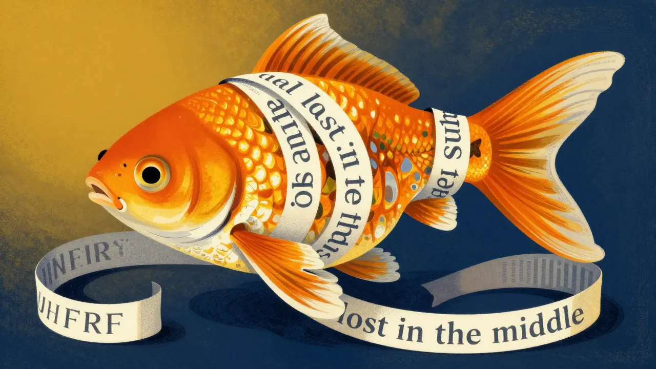 Abstract illustration of a goldfish entwined with a fragmented ribbon of winding text.