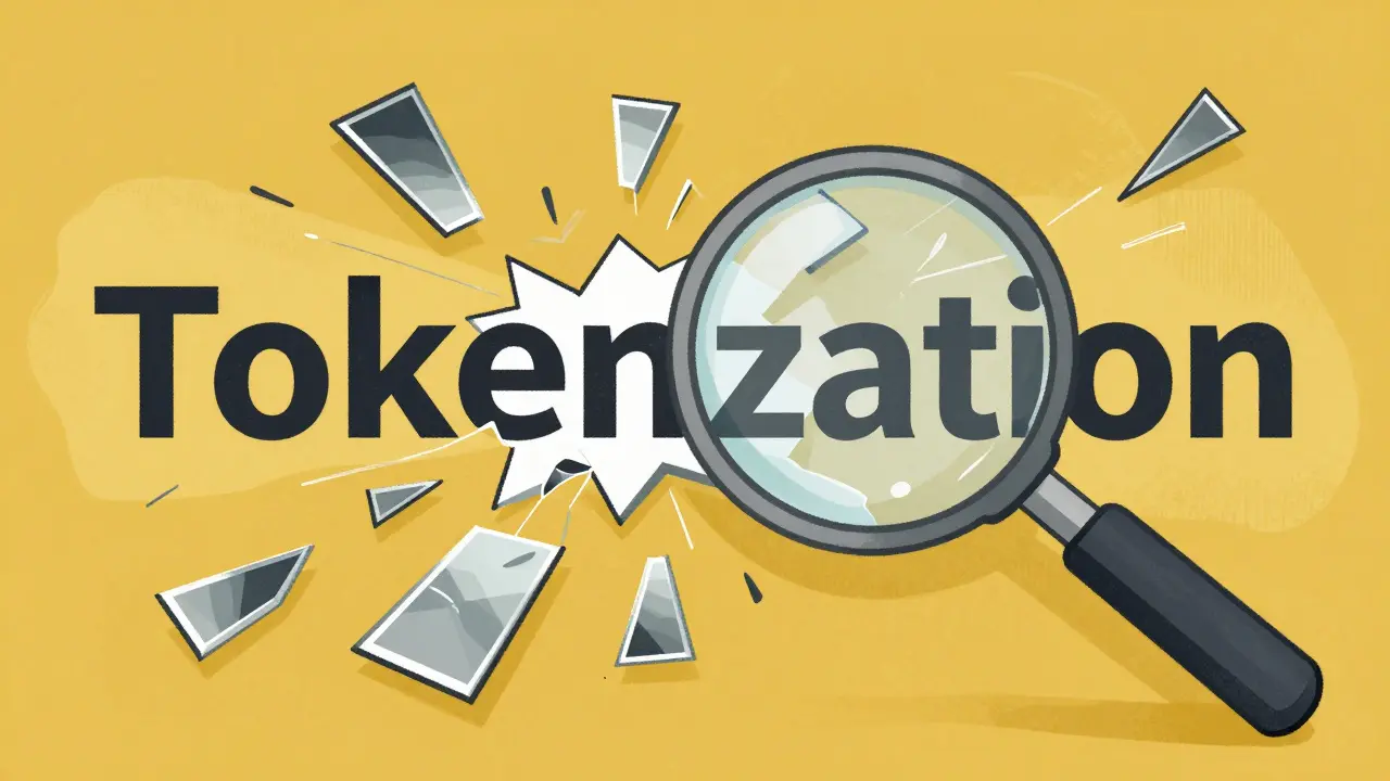 Abstract illustration of a word breaking into geometric token fragments.