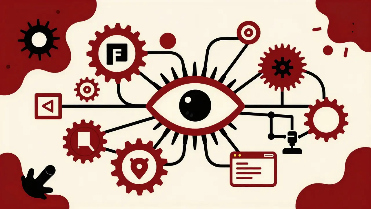 An abstract network of gears and icons representing AI agents and tool integration.