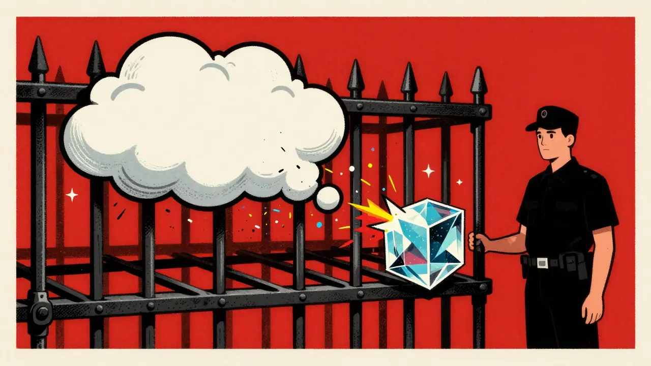 Chaotic colorful sparks being filtered through black iron grates into orderly crystals.