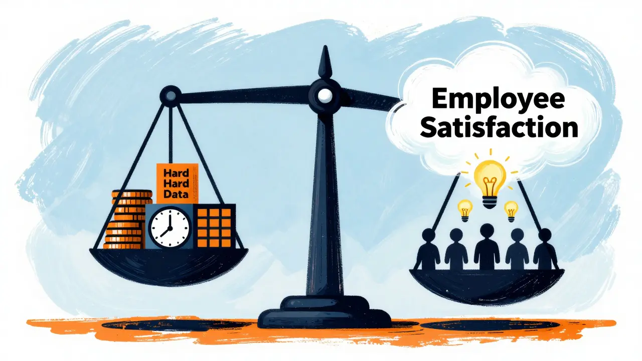 Conceptual scale balancing heavy data blocks and light clouds of human satisfaction.