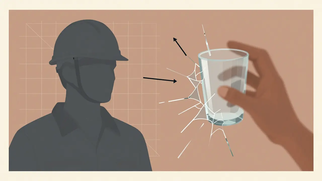 Contrast between a precise AI analysis of a worker and an abstract depiction of a breaking glass.