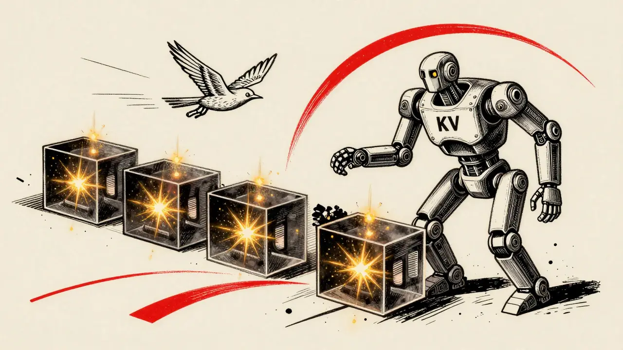 Geometric memory cubes and two mechanical figures representing AI model prediction speeds.