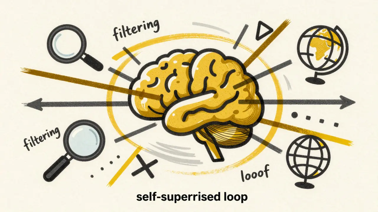 Graphic art showing an AI brain connecting to tool icons through a process of filtering and self-learning.