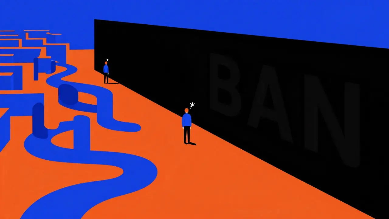 Graphic depiction of a path being blocked by a wall, forcing a detour.