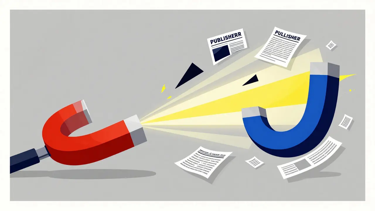 Graphic illustration of a large magnet attracting abstract data and news fragments.