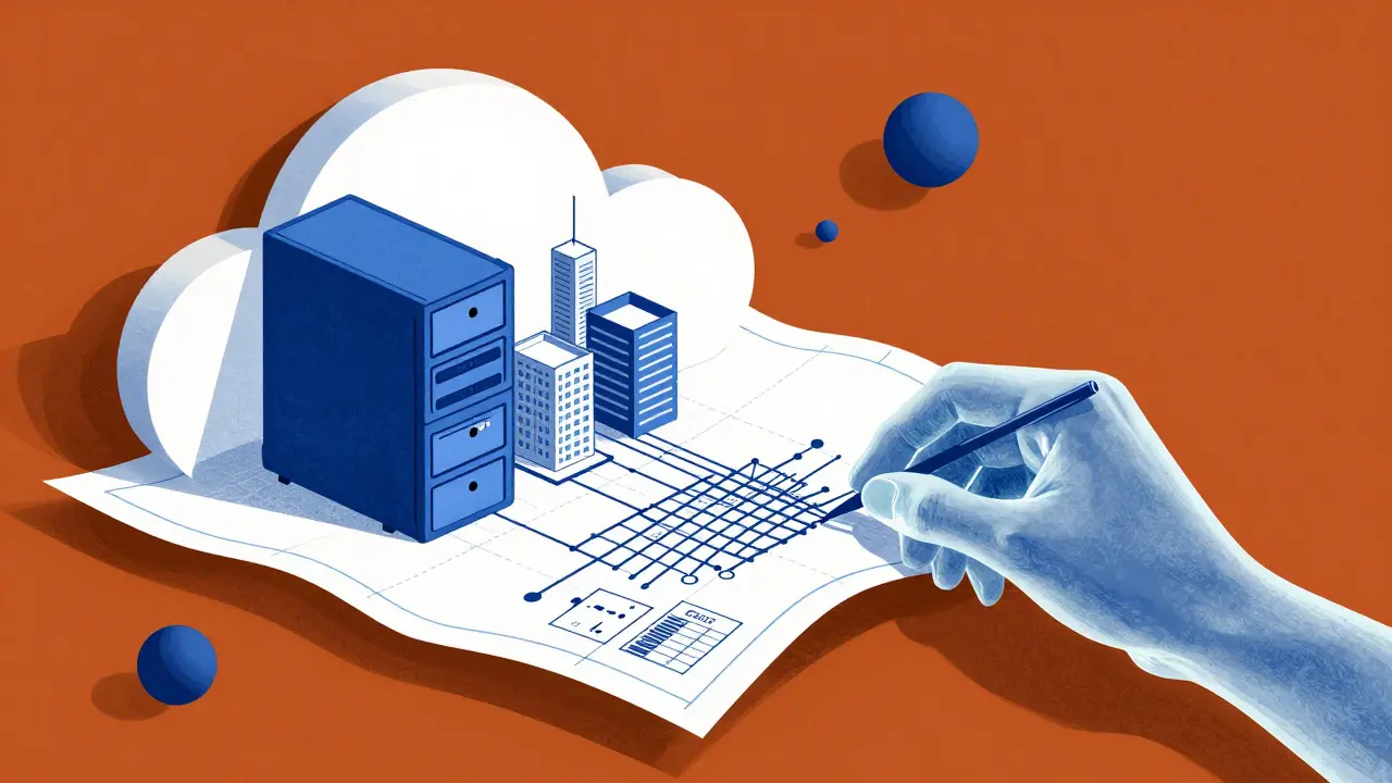 Stylized AI hand weaving a cloud infrastructure blueprint into a 3D structure.