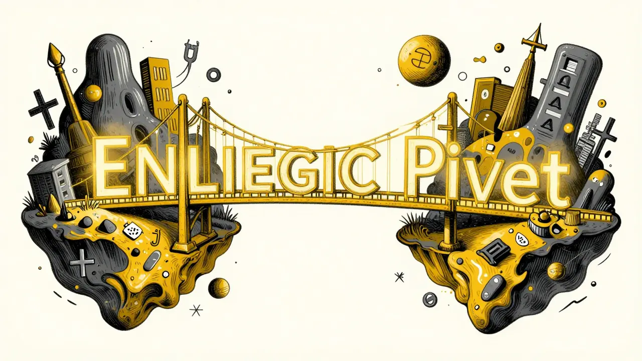 Stylized golden bridge connecting different language symbols in a minimalist art style