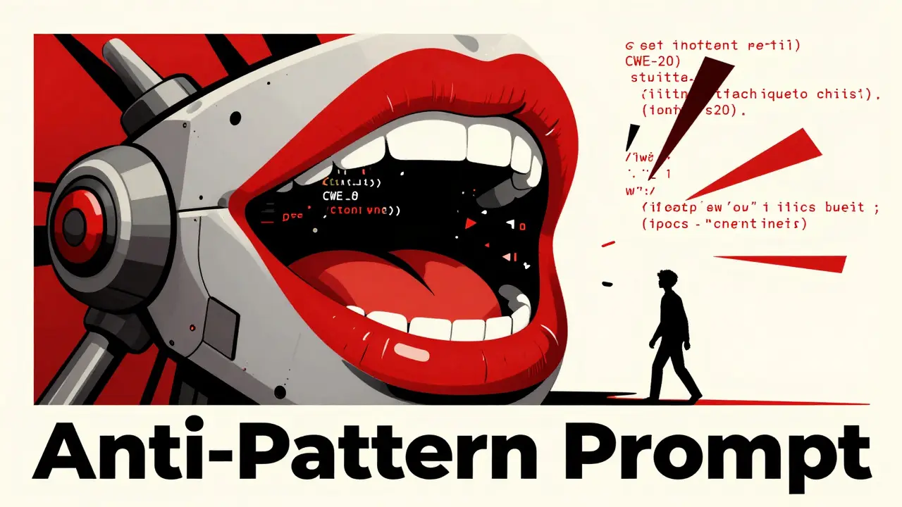 Stylized graphic of a mechanical mouth made of code, representing the danger of anti-pattern prompts.