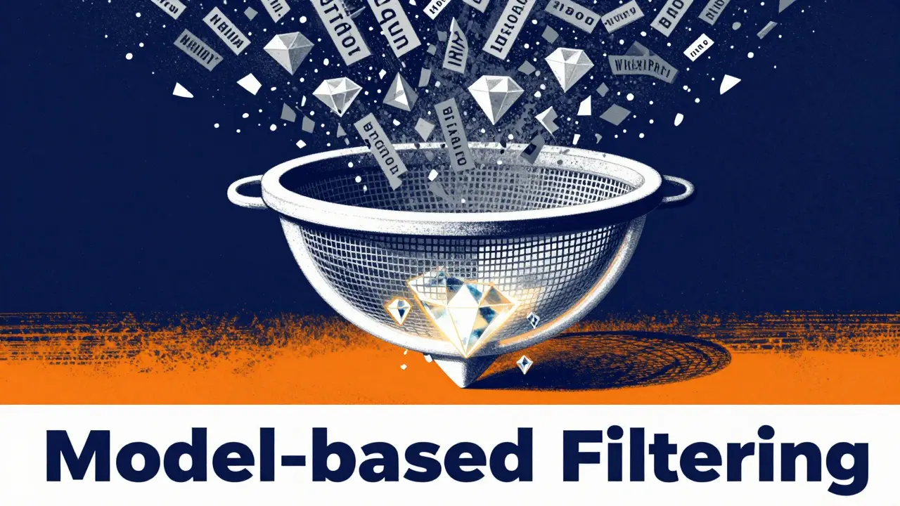 Surreal mechanical sieve filtering grey noise into glowing diamonds of information