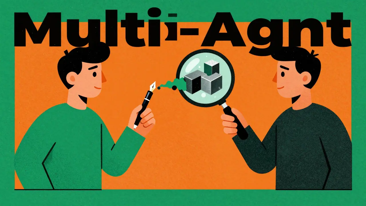 Two symbolic figures representing a writer and a fact-checker verifying information.