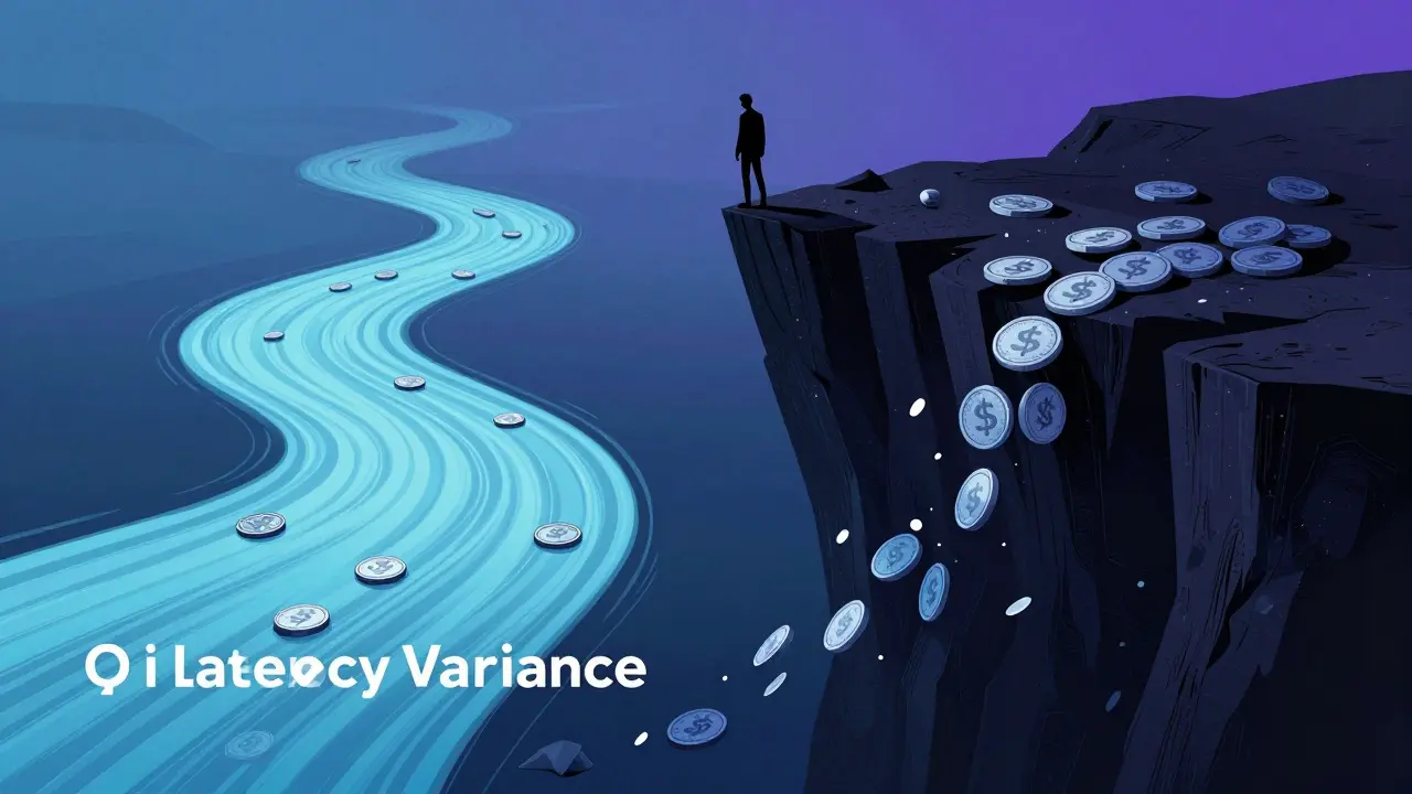 A split scene showing smooth token flow versus jagged cliffs of high tail latency delays.