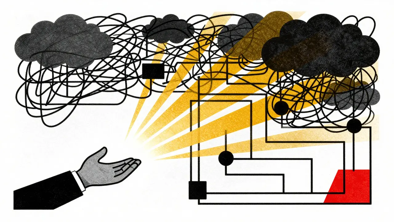 Abstract art showing chaotic notes transforming into clear golden insights