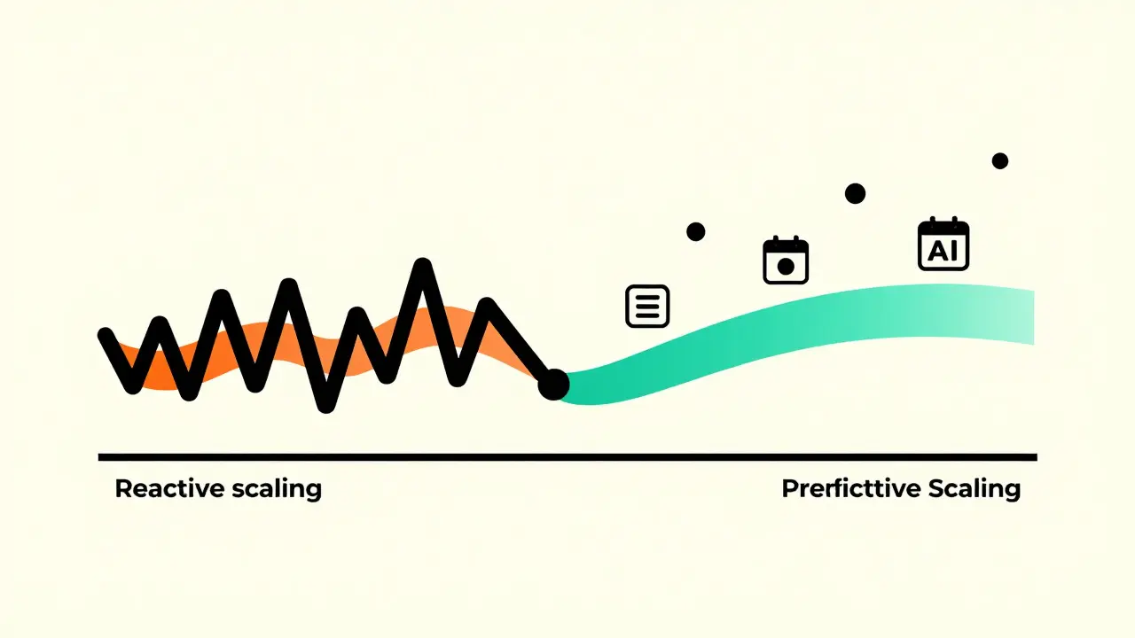 Abstract art showing smooth predictive scaling vs chaotic reactive AI load management.