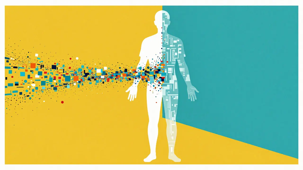 Abstract digital human figure made of data particles in graphic art style