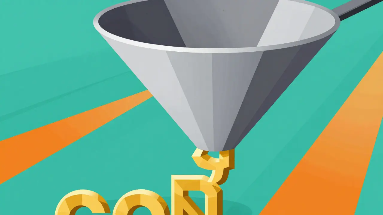 Abstract funnel filtering chaotic tokens into perfect geometric shapes