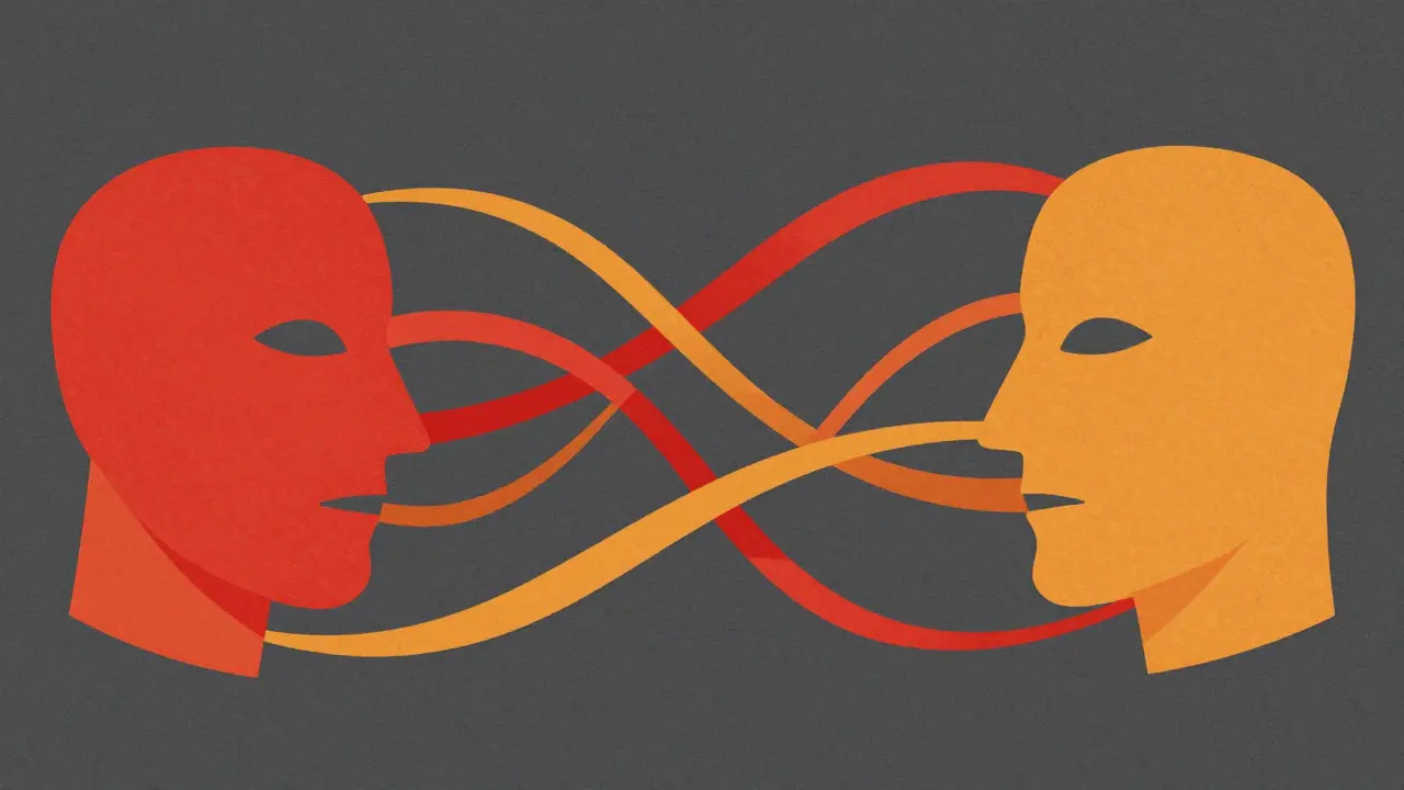 Abstract illustration of database tables connected by colorful relationship ribbons