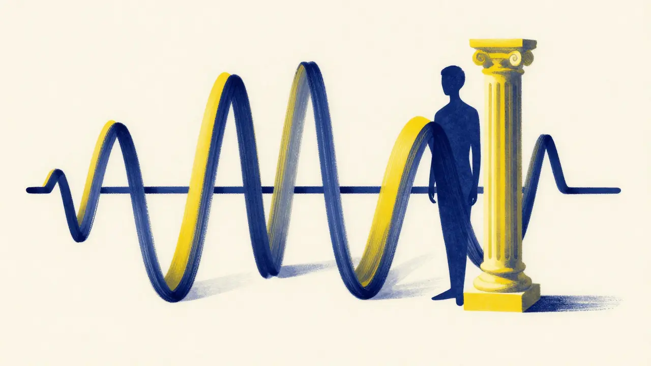 Abstract Polish poster art showing sine waves transforming into figures, representing positional encoding.