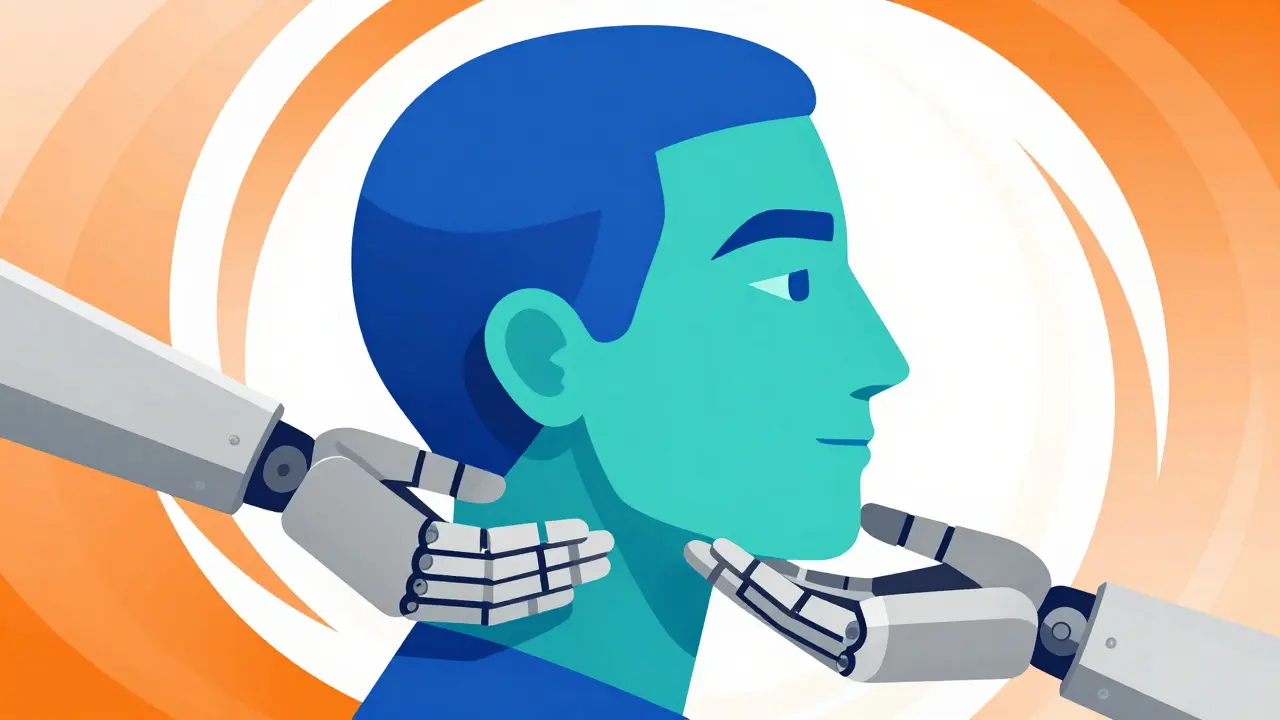 Abstract Polish poster illustration of a calm face supported by tech, symbolizing empathy.