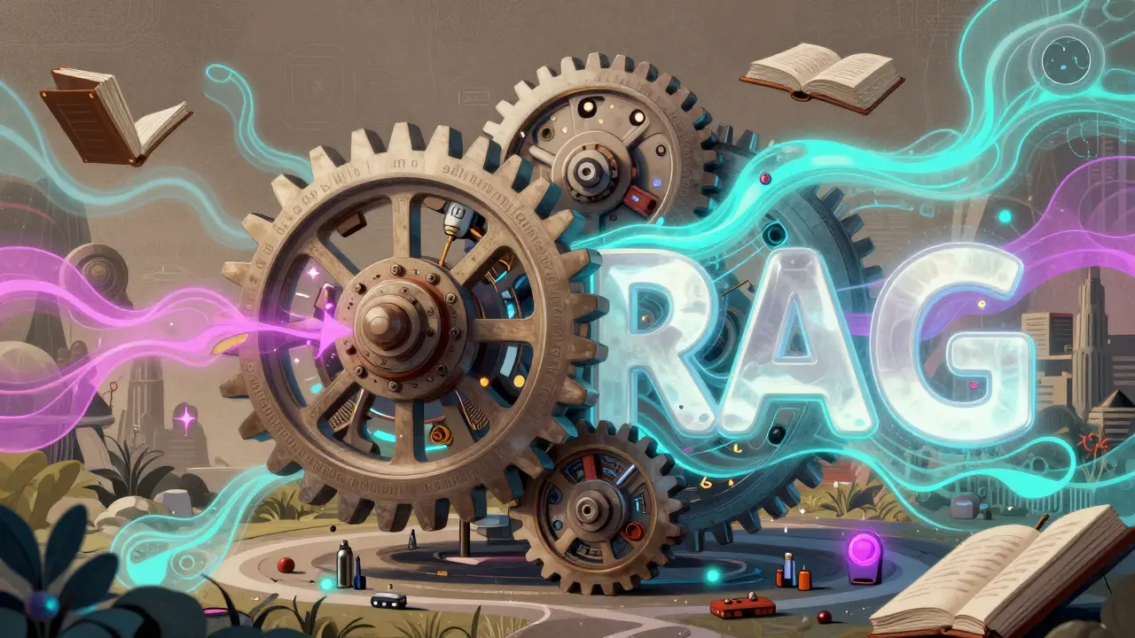 Abstract poster art of interlocking gears and data streams, representing advanced AI models.