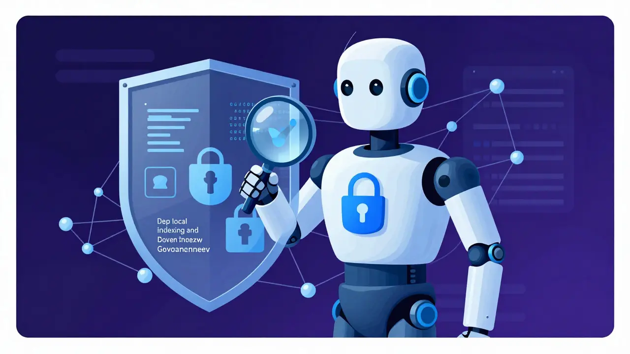 AI agent reviewing code securely behind a protective policy shield.