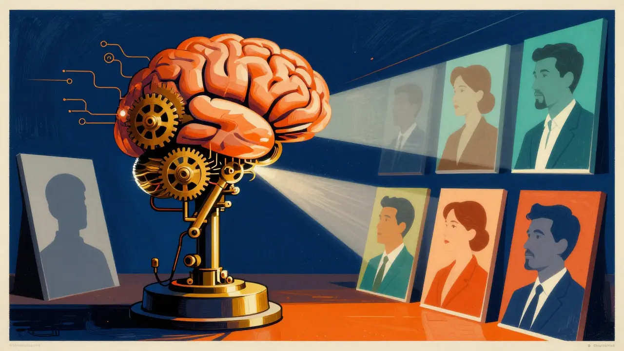 Allegorical art showing an AI engine transforming blank canvases into unique, personalized portraits for different users.