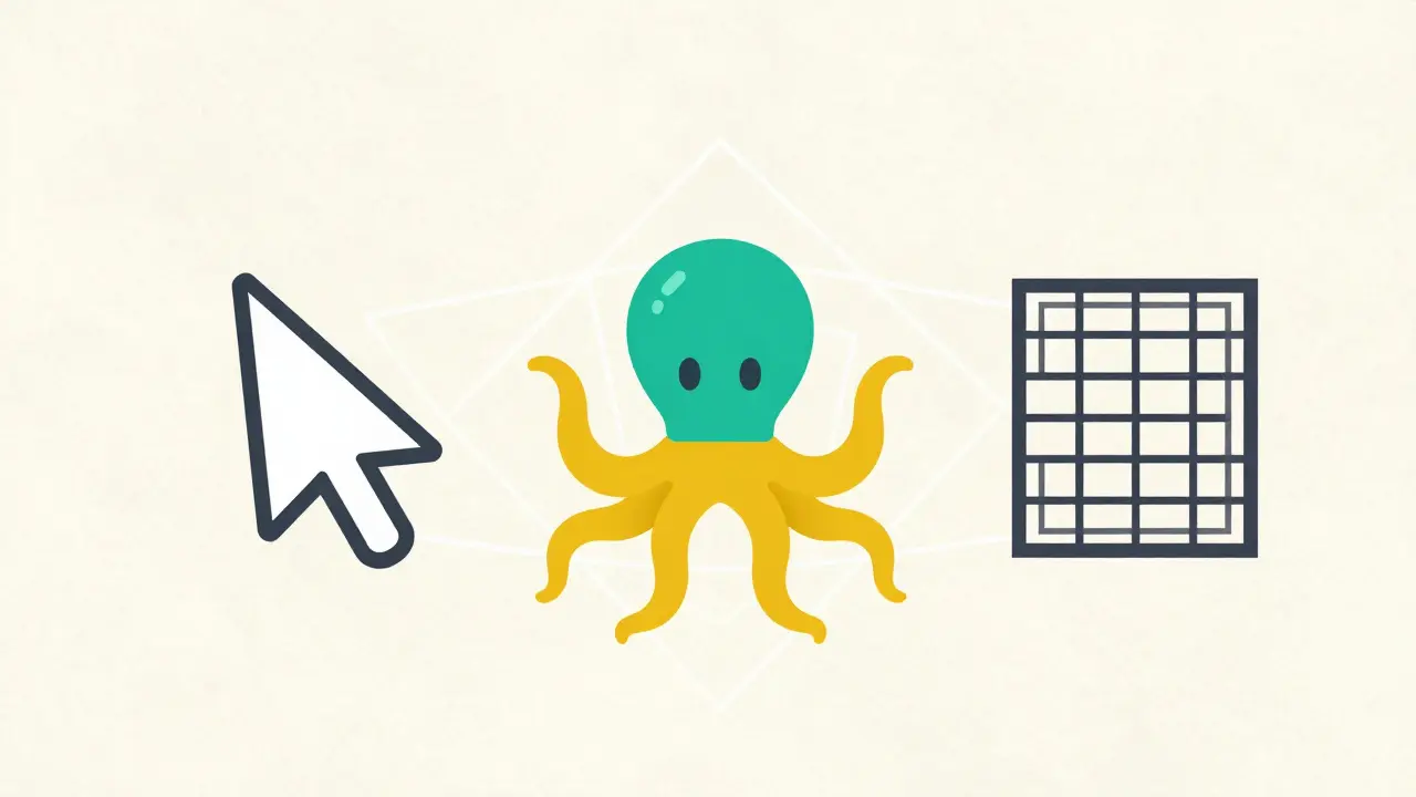 Balanced icons of coding tools and frameworks representing structured AI workflows.