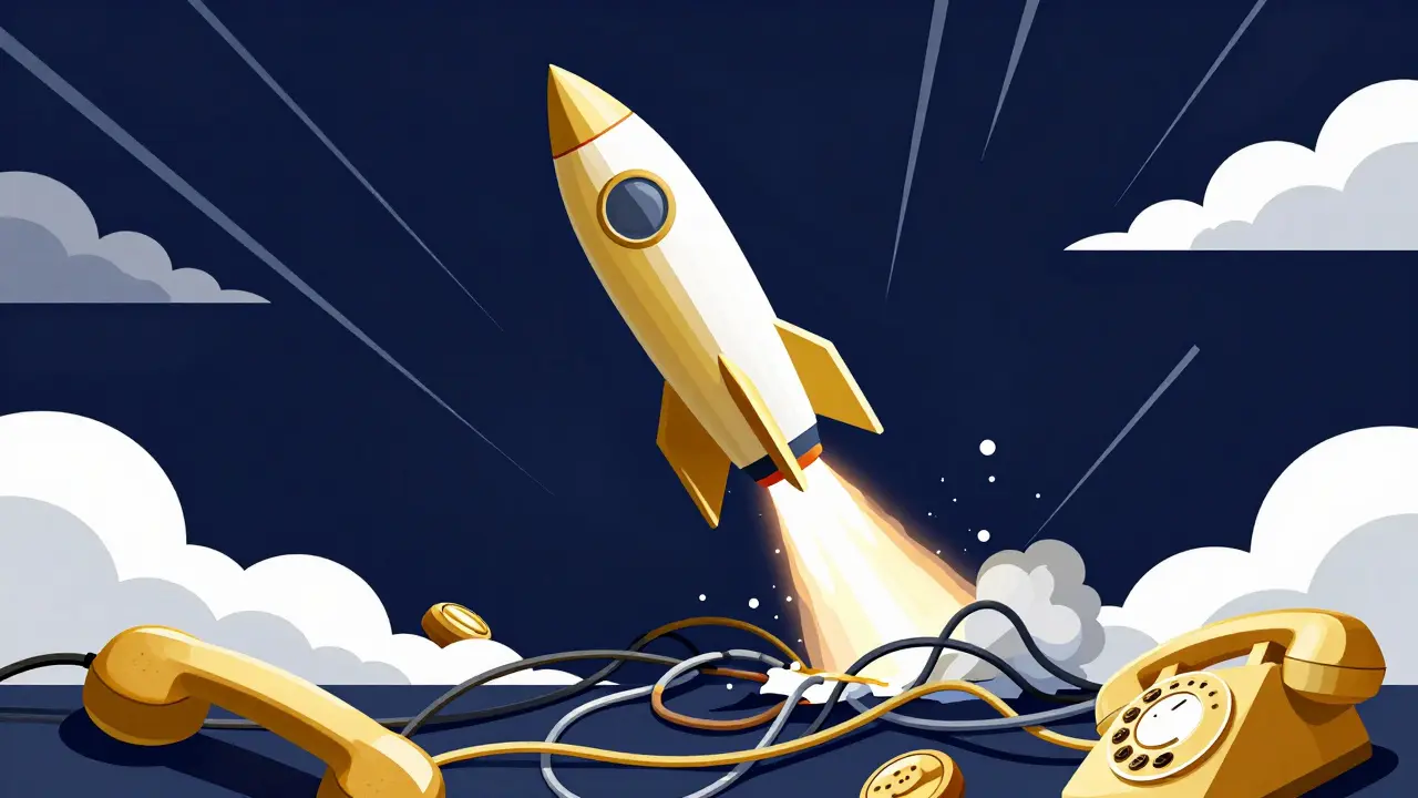 Bold Polish poster art of a golden rocket launching up, representing successful resolution.