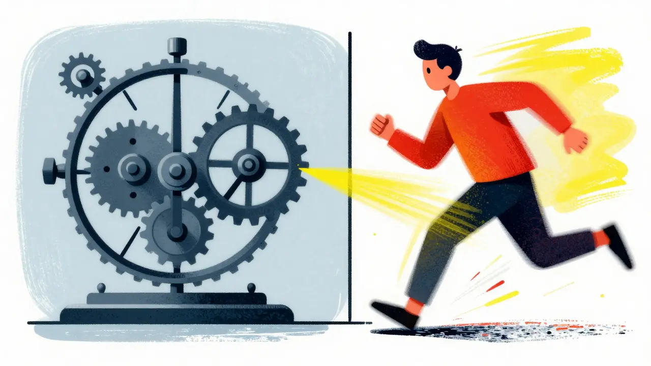 Clockwork precision versus chaotic speed in a split-composition poster