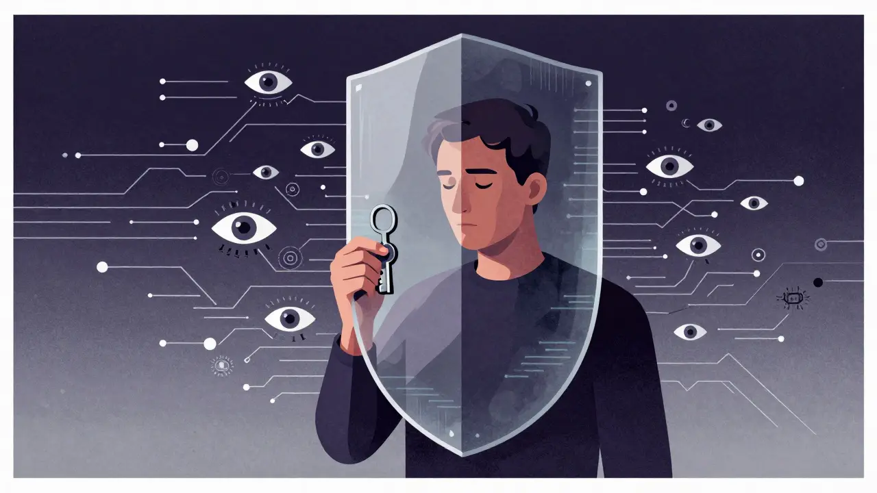 Conceptual illustration of a user protected by a glass shield against intrusive data eyes, representing privacy in AI.