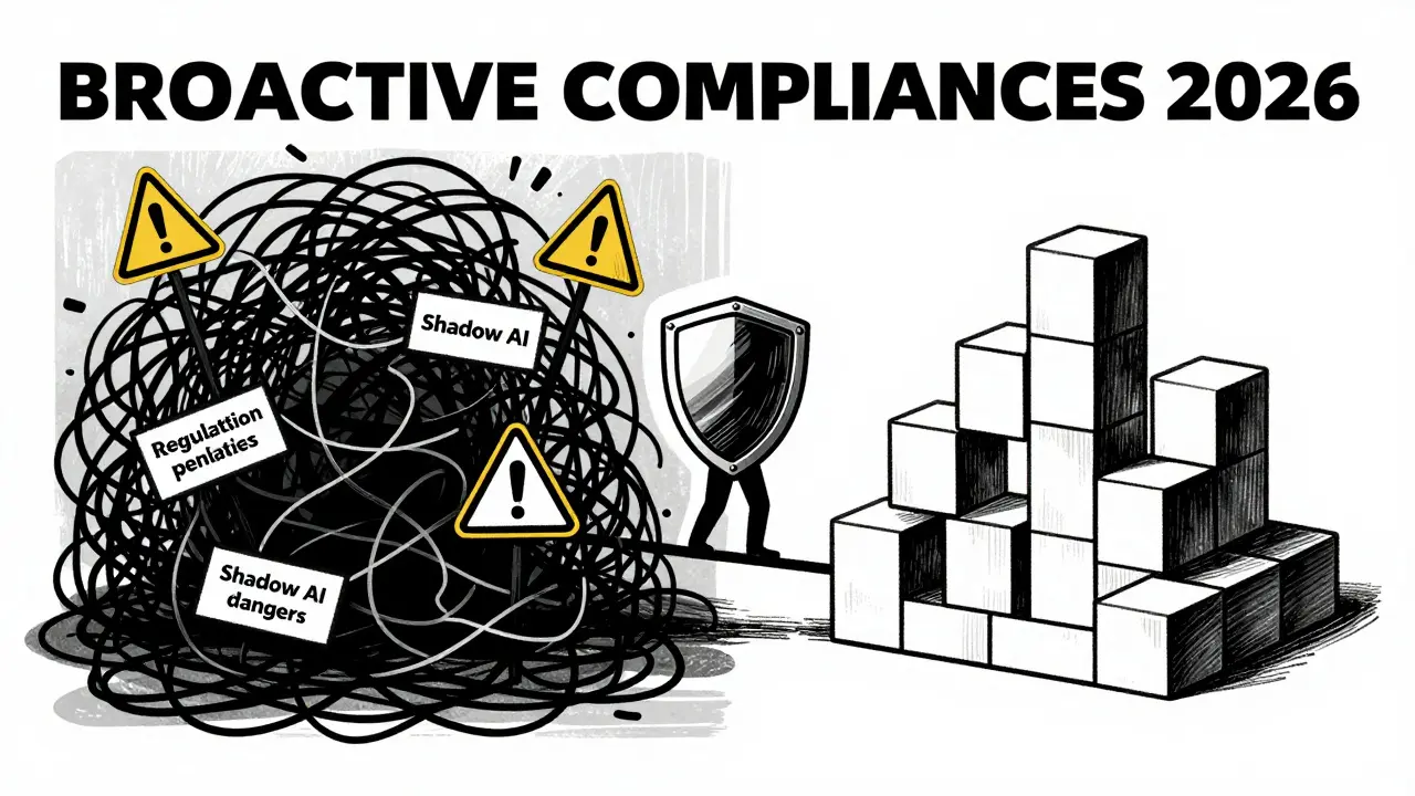 Contrasting chaotic risks against orderly compliance structures in a bold poster style.