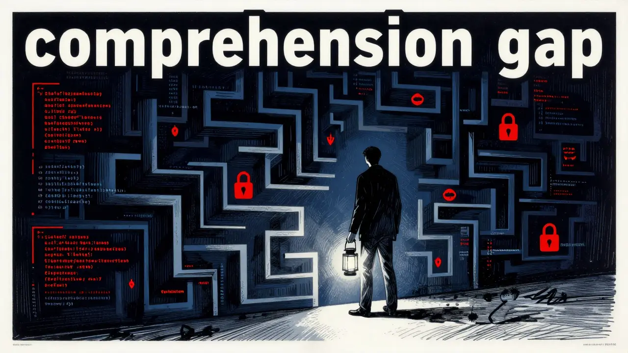 Developer facing a dark code maze with hidden red bugs, symbolizing security risks.
